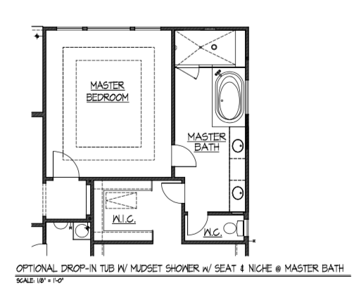 Drop-In Tub w/ Mudset Shower w/ Seat & Niche at Mstr Bath